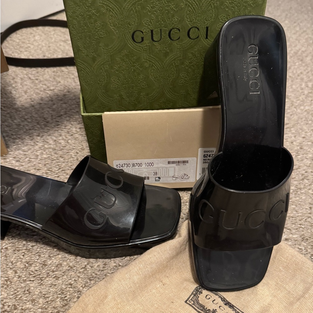 Gucci Black Slide Sandals with Embossed Logo